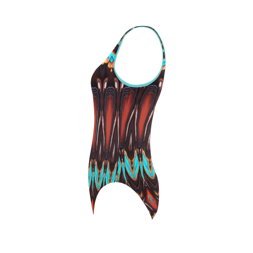 K172 Wood and Turquoise Abstract Vest One Piece Swimsuit (Model S04)