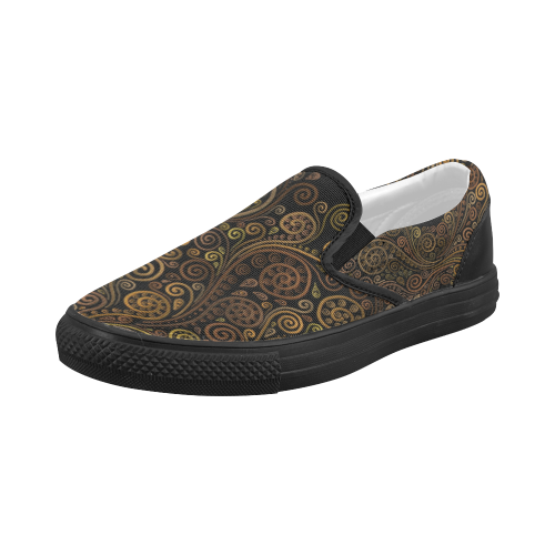 Psychedelic gold on black Women's Slip-on Canvas Shoes (Model 019)