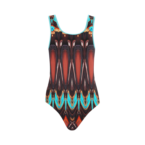 K172 Wood and Turquoise Abstract Vest One Piece Swimsuit (Model S04)