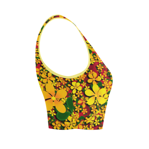 Pretty Orange & Yellow Flowers on Red Women's Crop Top (Model T42)