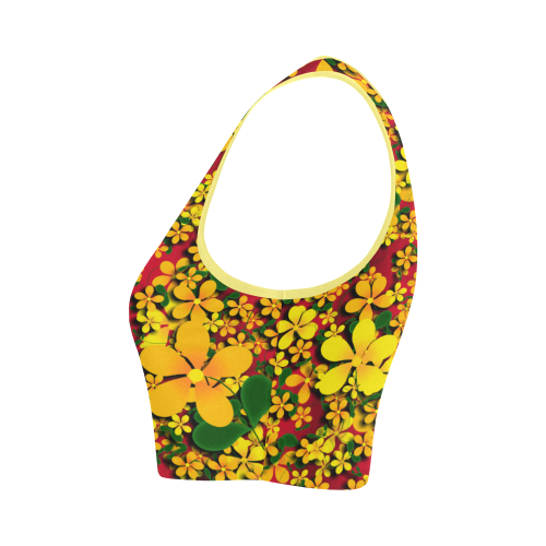 Pretty Orange & Yellow Flowers on Red Women's Crop Top (Model T42)