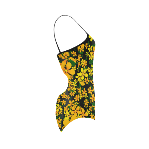 Pretty Orange & Yellow Flowers on Black Strap Swimsuit ( Model S05)