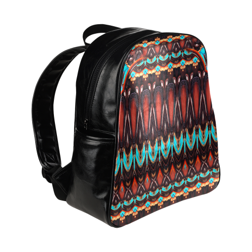 K172 Wood and Turquoise Abstract Multi-Pockets Backpack (Model 1636)