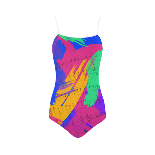 Groovy Paint Brush Strokes with Music Notes Strap Swimsuit ( Model S05)