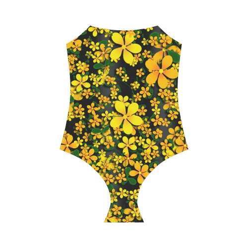 Pretty Orange & Yellow Flowers on Black Strap Swimsuit ( Model S05)