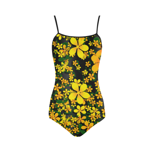 Pretty Orange & Yellow Flowers on Black Strap Swimsuit ( Model S05)