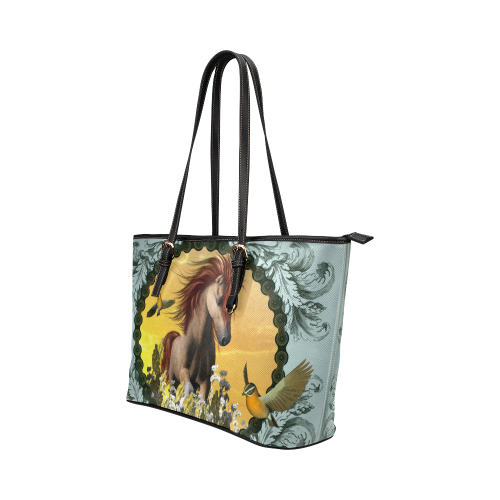 Horse with birds Leather Tote Bag/Small (Model 1651)