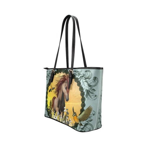 Horse with birds Leather Tote Bag/Small (Model 1651)