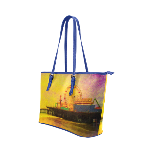 Yellow and Purple Santa Monia Pier Leather Tote Bag/Small (Model 1651)