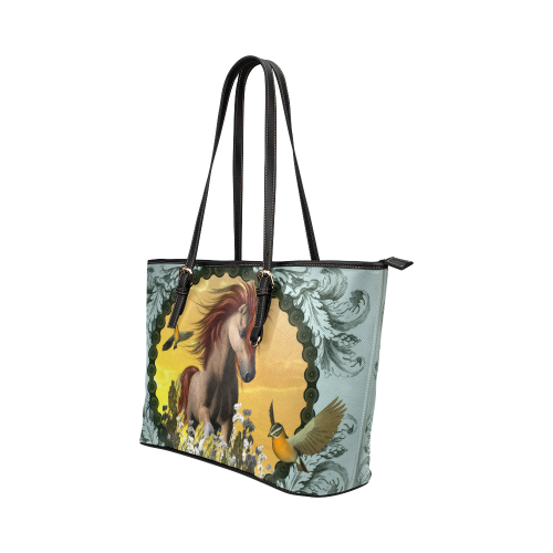 Horse with birds Leather Tote Bag/Large (Model 1651)