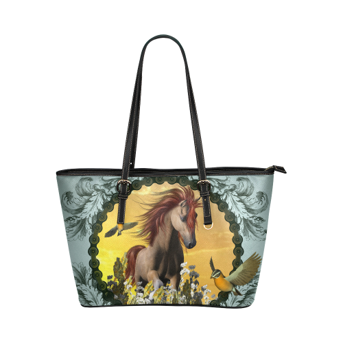 Horse with birds Leather Tote Bag/Small (Model 1651)