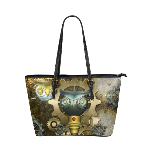 Steampunk, cute owl Leather Tote Bag/Large (Model 1651)