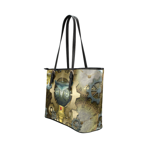 Steampunk, cute owl Leather Tote Bag/Large (Model 1651)