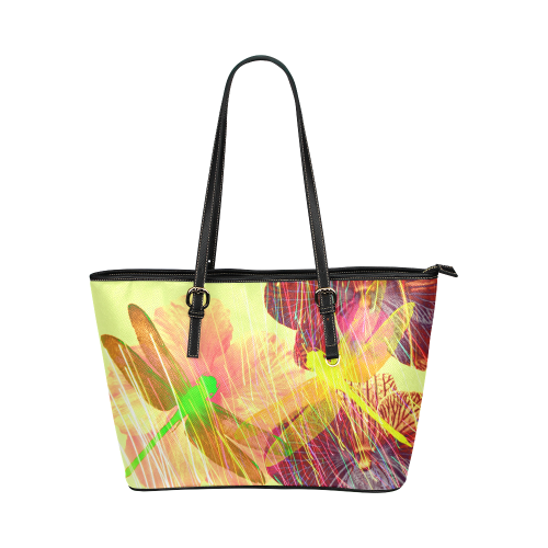 Dragonflies & Flowers Summer Leather Tote Bag/Large (Model 1651)