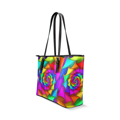 Psychedelic Rainbow Spiral Leather Tote Bag/Large (Model 1640)