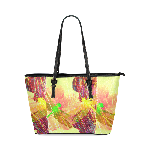 Dragonflies & Flowers Summer Leather Tote Bag/Small (Model 1640)