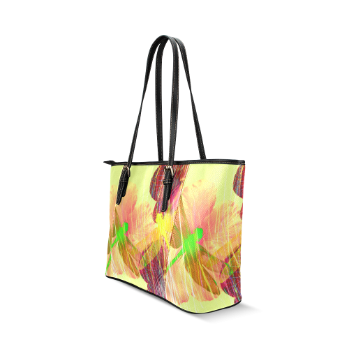 Dragonflies & Flowers Summer Leather Tote Bag/Large (Model 1640)