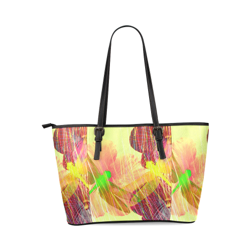 Dragonflies & Flowers Summer Leather Tote Bag/Large (Model 1640)