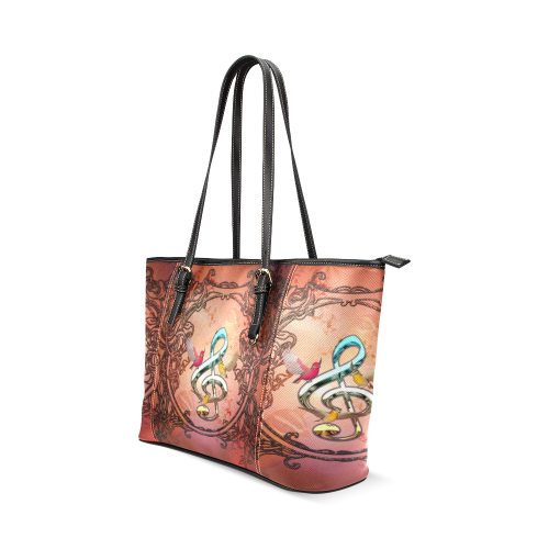 Clef with birds Leather Tote Bag/Small (Model 1640)