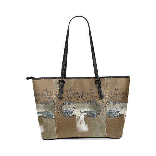 Dolphins Leather Tote Bag/Small (Model 1640)