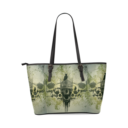 Skull with crow Leather Tote Bag/Large (Model 1640)