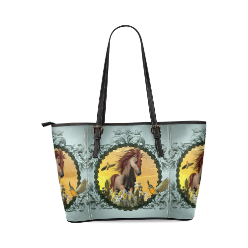 Horse with birds Leather Tote Bag/Large (Model 1640)