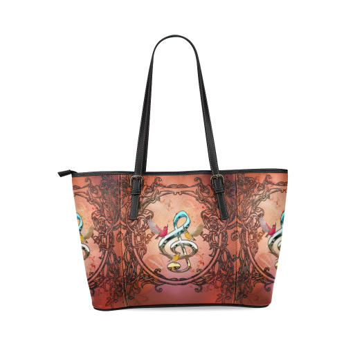 Clef with birds Leather Tote Bag/Large (Model 1640)