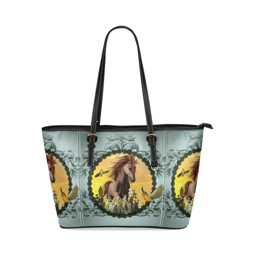 Horse with birds Leather Tote Bag/Large (Model 1640)