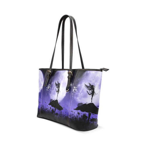 A beautiful fairy dancing on a mushroom silhouette Leather Tote Bag/Small (Model 1640)
