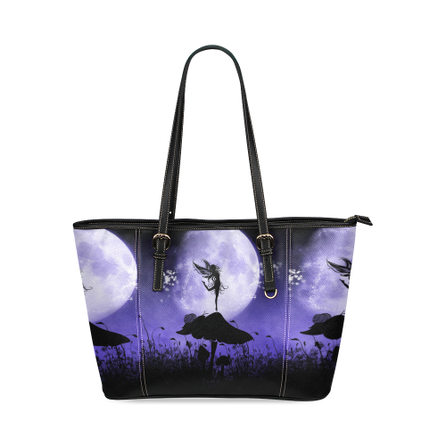 A beautiful fairy dancing on a mushroom silhouette Leather Tote Bag/Small (Model 1640)