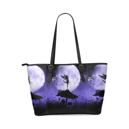 A beautiful fairy dancing on a mushroom silhouette Leather Tote Bag/Small (Model 1640)