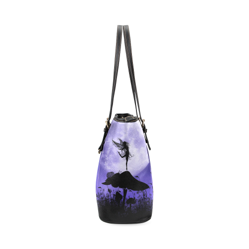 A beautiful fairy dancing on a mushroom silhouette Leather Tote Bag/Small (Model 1640)