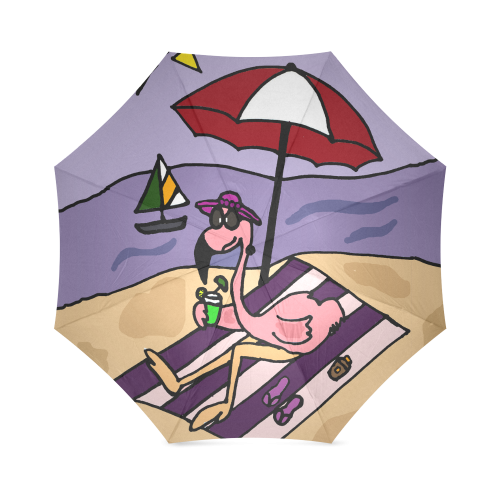 Funny Pink Flamingo at the Beach Foldable Umbrella (Model U01)