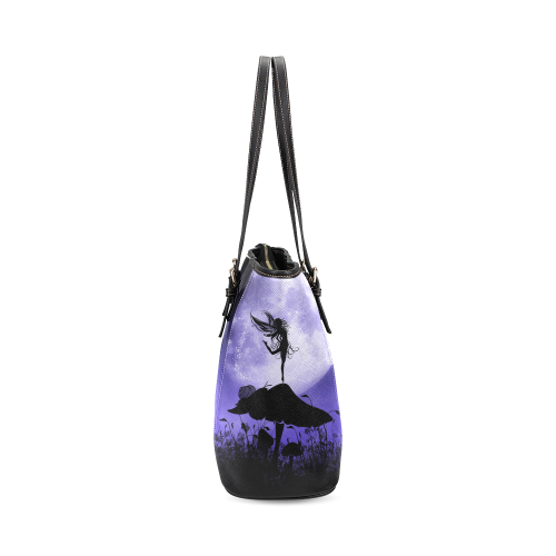 A beautiful fairy dancing on a mushroom silhouette Leather Tote Bag/Small (Model 1640)
