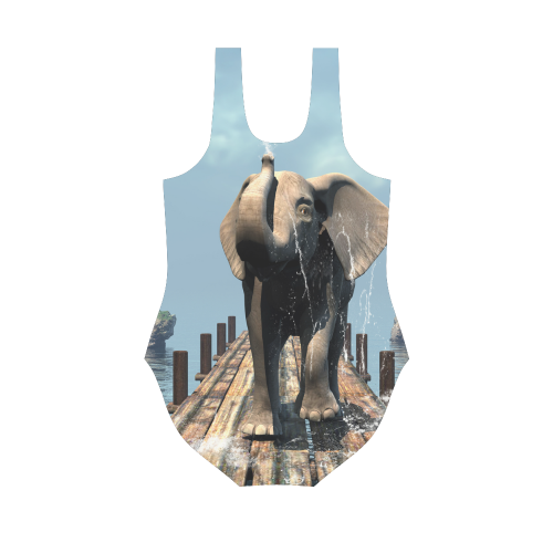 Elephant on a jetty Vest One Piece Swimsuit (Model S04)