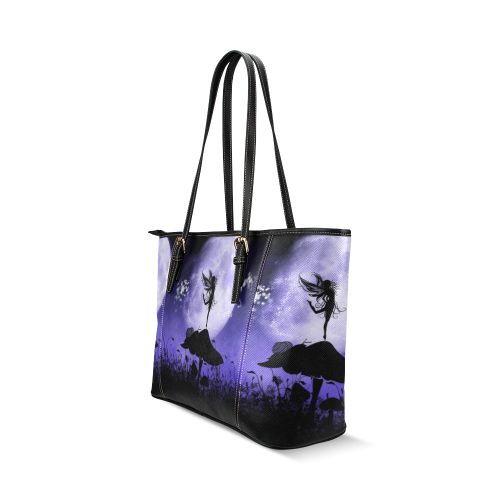 A beautiful fairy dancing on a mushroom silhouette Leather Tote Bag/Small (Model 1640)