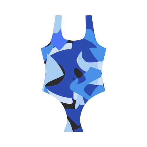 A201 Abstract Shades of Blue and Black Vest One Piece Swimsuit (Model S04)