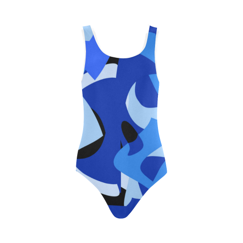 A201 Abstract Shades of Blue and Black Vest One Piece Swimsuit (Model S04)