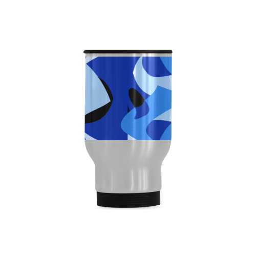 A201 Abstract Shades of Blue and Black Travel Mug (Silver) (14 Oz)