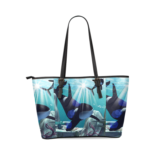 Awesome dolphin Leather Tote Bag/Small (Model 1640)