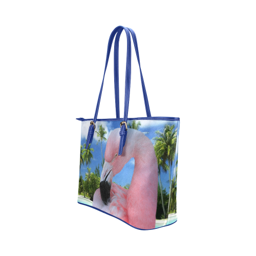 Flamingo and Beach Leather Tote Bag/Large (Model 1651)