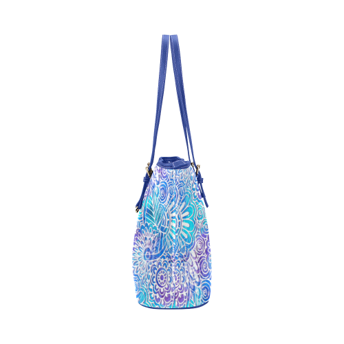 Boho Flower Doodle On Blue Watercolor Leather Tote Bag/Large (Model 1651)