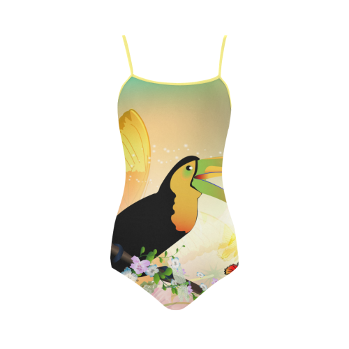 Funny toucan with flowers Strap Swimsuit ( Model S05)