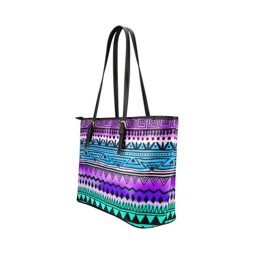 Purple and Teal Tribal Pattern Leather Tote Bag/Large (Model 1651)