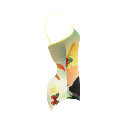 Funny toucan with flowers Strap Swimsuit ( Model S05)