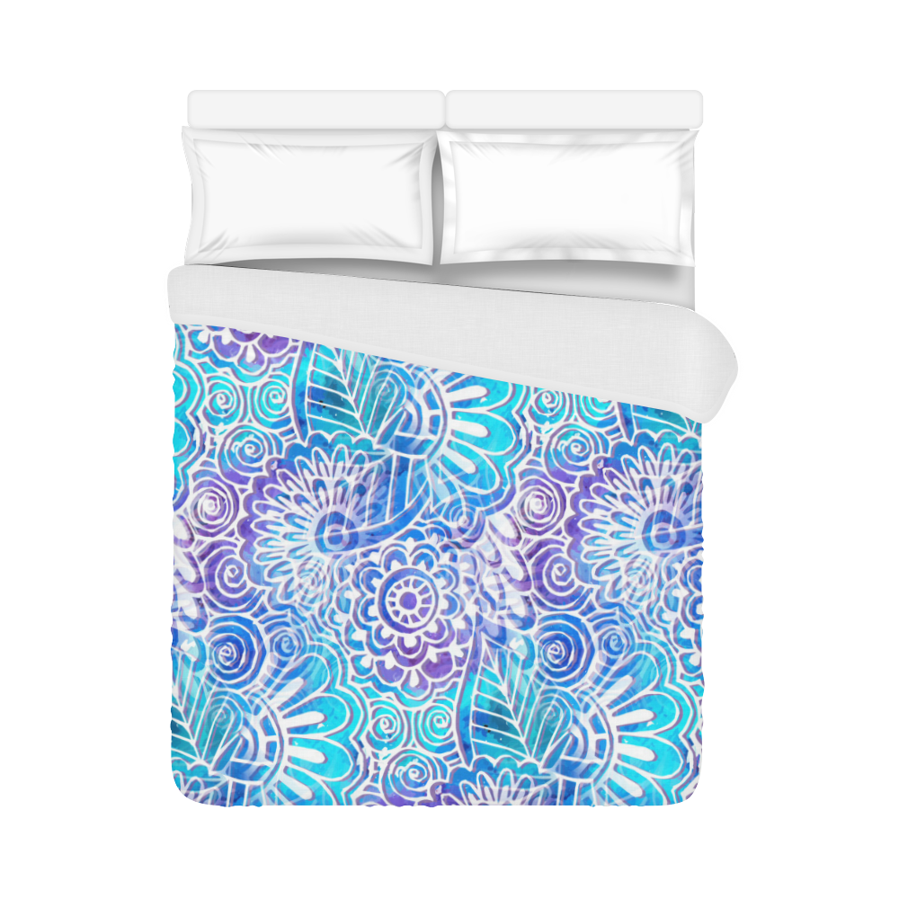 Boho Flower Doodle On Blue Watercolor Duvet Cover 86"x70" ( Allover