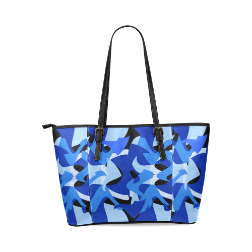 A201 Abstract Shades of Blue and Black Leather Tote Bag/Large (Model 1640)