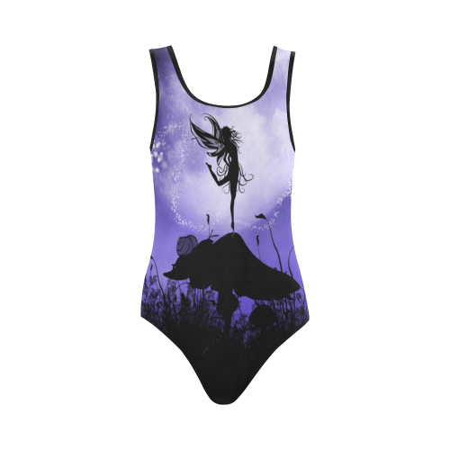 A beautiful fairy dancing on a mushroom silhouette Vest One Piece Swimsuit (Model S04)