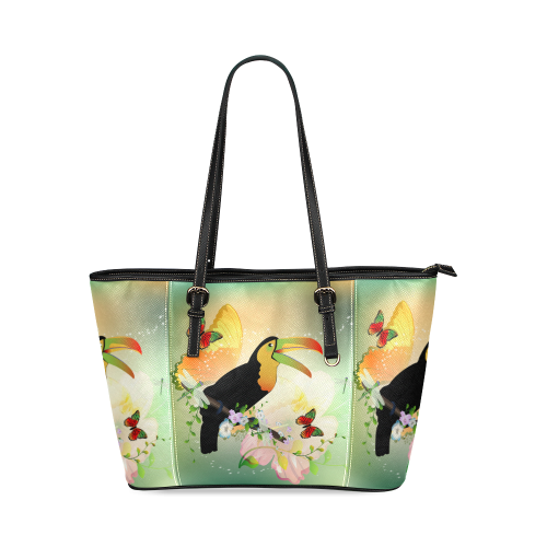 Funny toucan with flowers Leather Tote Bag/Large (Model 1640)