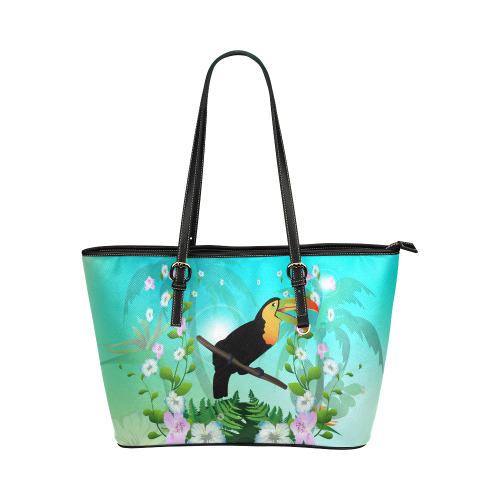 Cute toucan with flowers Leather Tote Bag/Small (Model 1651)